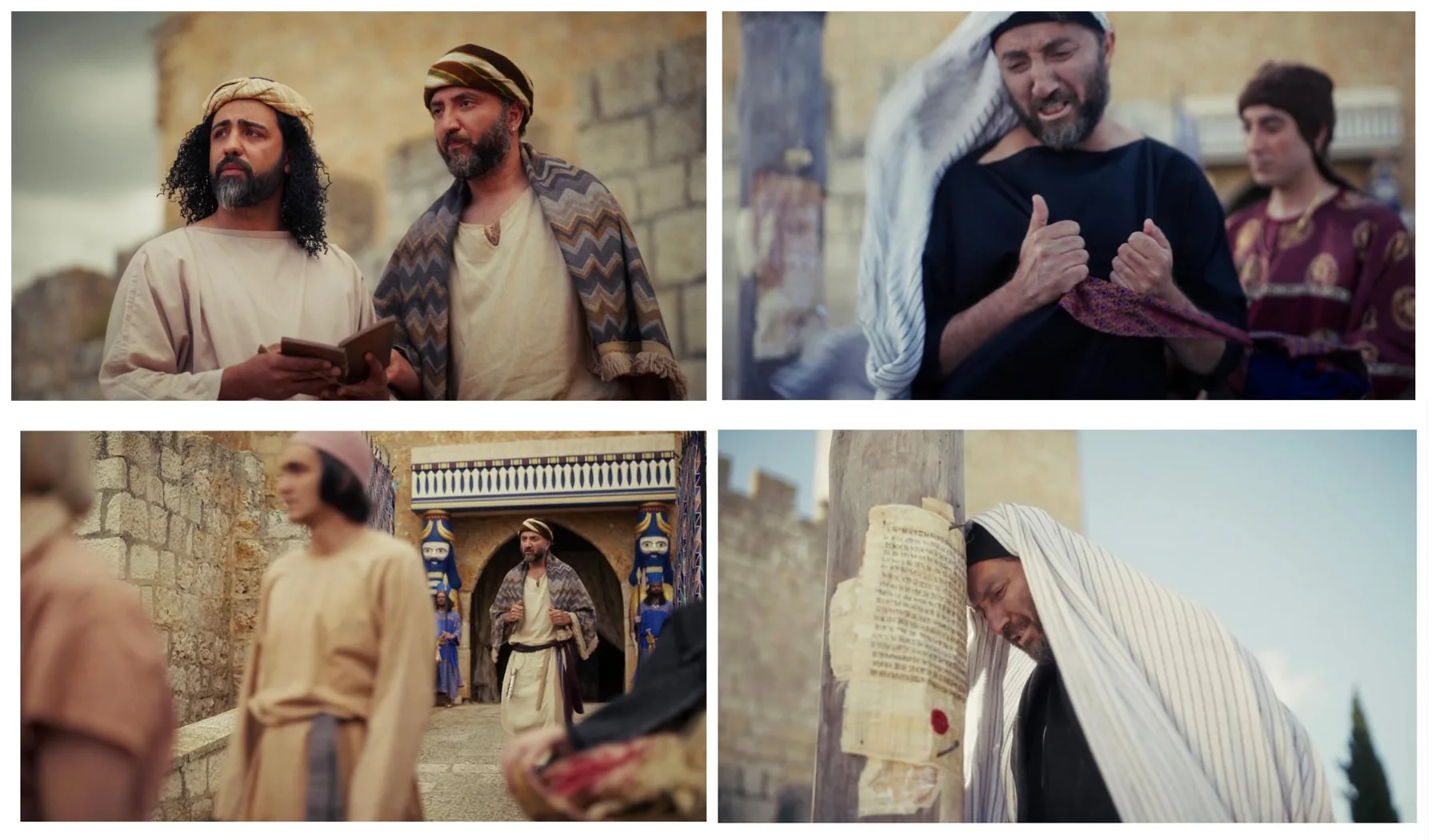 Four stills of Cyrus in a period drama
