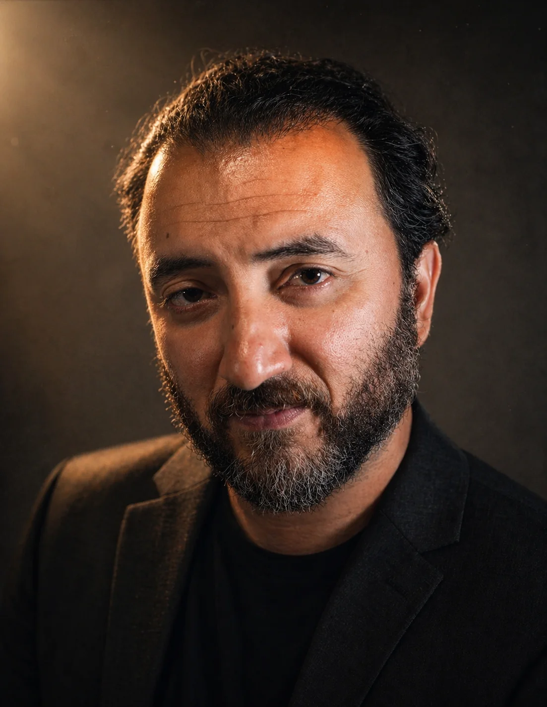 Cyrus Esfandiari in a black jacket, formal actor headshot